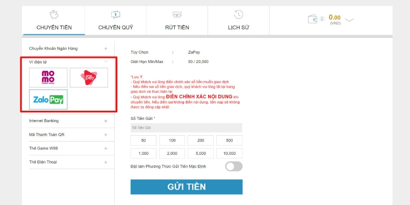 Phương pháp nạp tiền Ww88 thông qua ví Momo, Viettel Pay, Zalo Pay